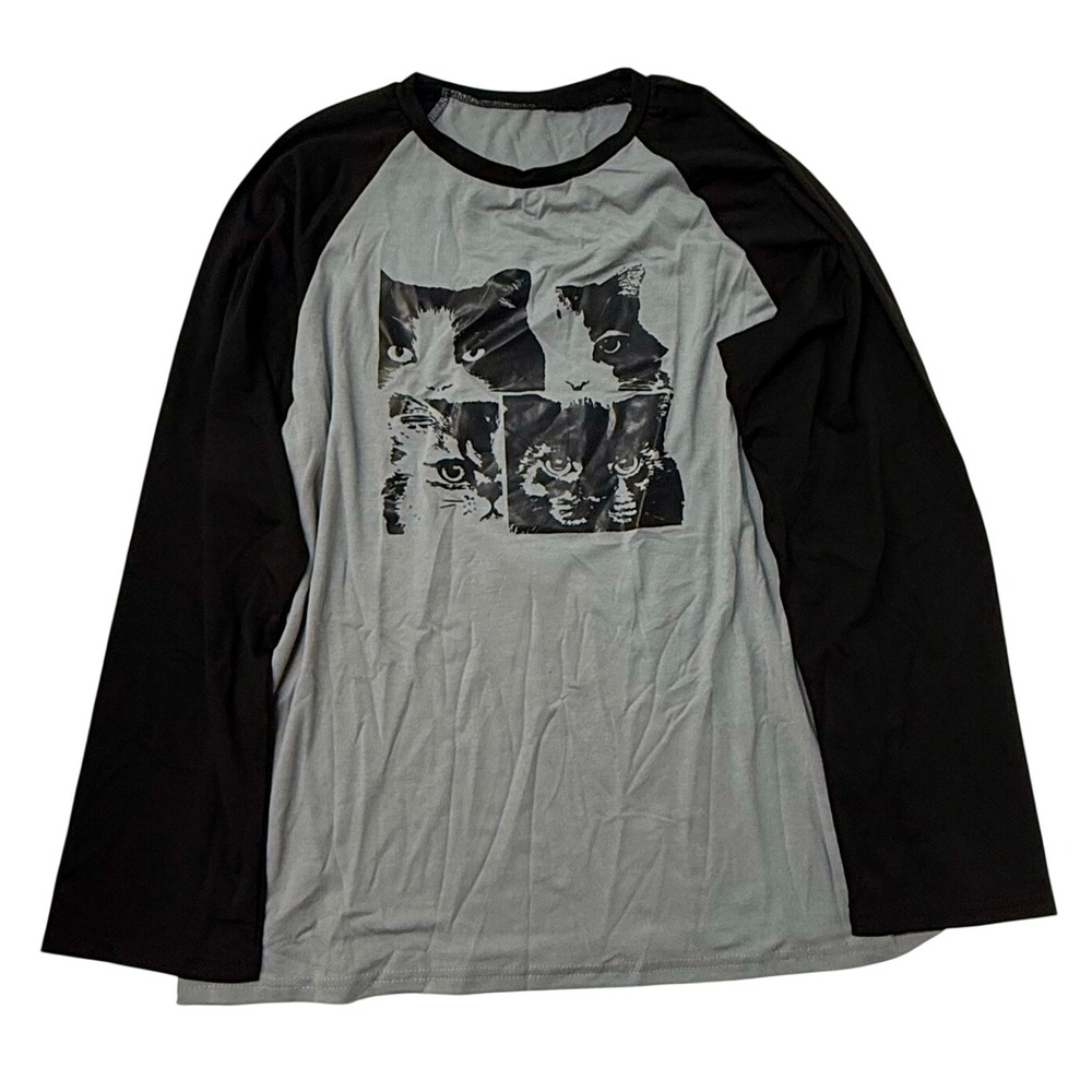 SHEIN‎ Graphic Print Long Sleeve Raglan T Shirt Women's Size L Cat Faces